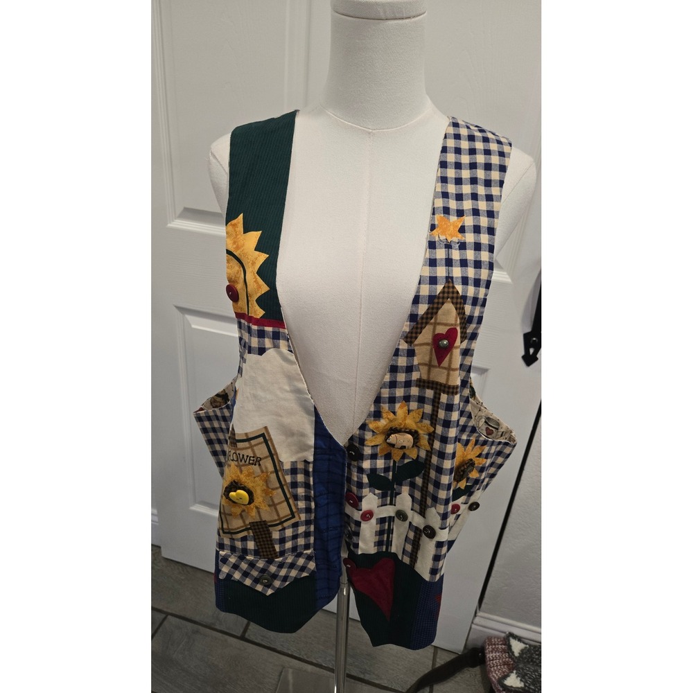 Vintage Patchwork Sunflower Gingham Vest Cottagecore Teacher Aesthetic Blue L